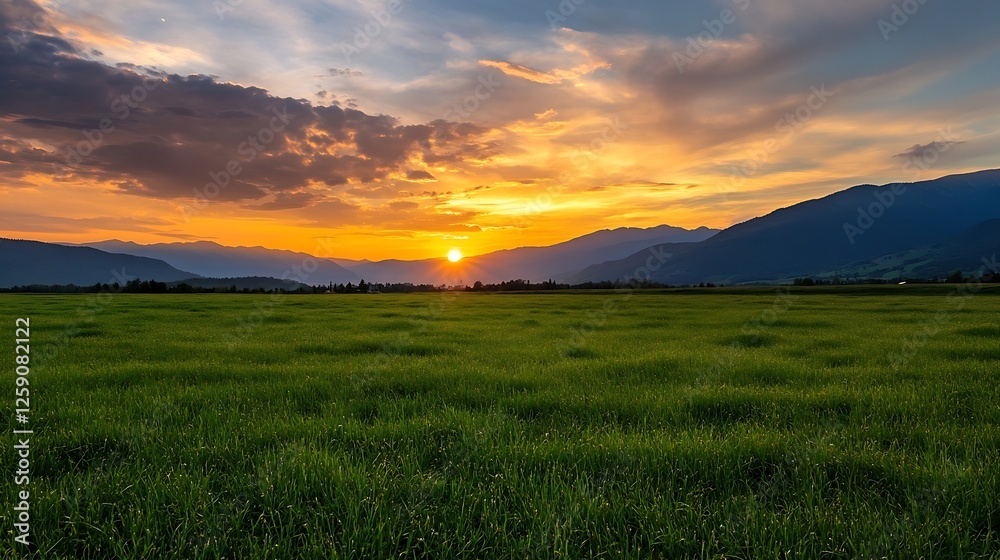 Breathtaking view of a tranquil landscape during sunset with vibrant colors illuminating the mountains and field : Generative AI Breathtaking view of a tranquil landscape during sunset with vibrant colors illuminating the mountains and field : Generative AI
