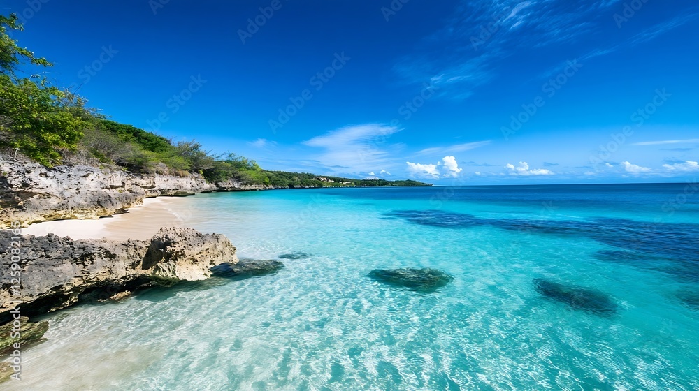 Tropical paradise with crystal clear water and sandy beach under blue sky : Generative AI Tropical paradise with crystal clear water and sandy beach under blue sky : Generative AI