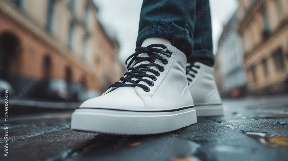 Street style, close-up of fashionable sneakers on an urban sidewalk Street style, close-up of fashionable sneakers on an urban sidewalk