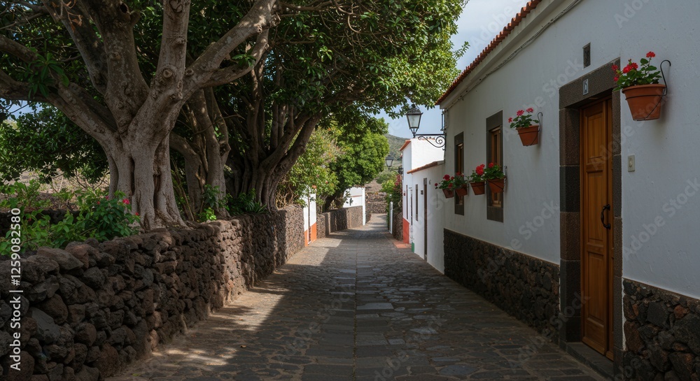 Obraz premium Charming Spanish Village Street with White Washed Buildings and Stone Path