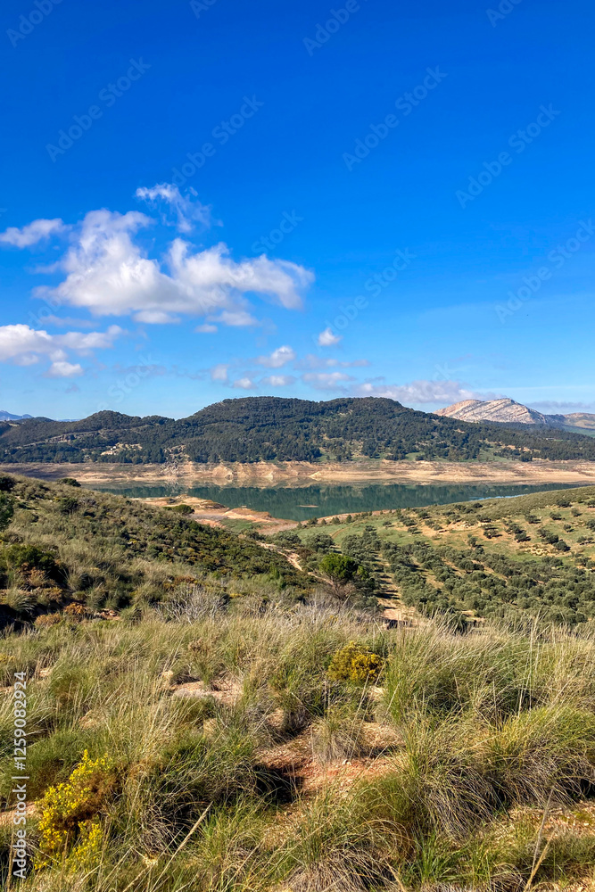 Guadalhorce or Guadalteba reservoirs are group of six reservoirs on the middle course of the Guadalhorce River and two of its largest tributaries: Turon River and Guadalteba River, Andalusia, Spain Guadalhorce or Guadalteba reservoirs are group of six reservoirs on the middle course of the Guadalhorce River and two of its largest tributaries: Turon River and Guadalteba River, Andalusia, Spain