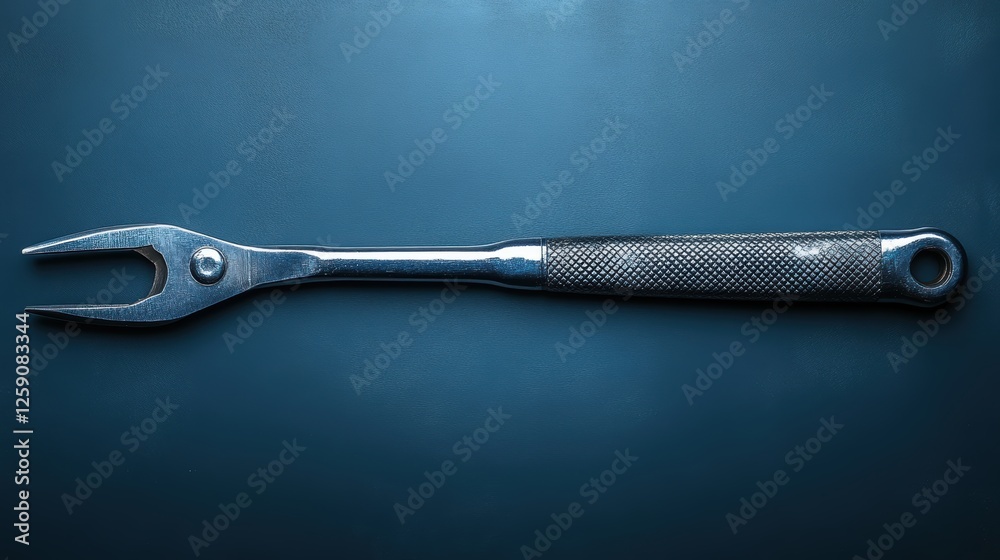 Obraz premium Flathead forked metal pry tool with textured handle on dark blue background showing full length for detailed inspection and versatile application