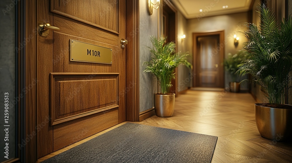 Elegant Hotel Room Doorway with Plants and Hardwood Floors Elegant Hotel Room Doorway with Plants and Hardwood Floors