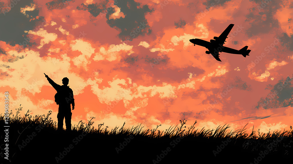A silhouette of a traveler pointing at an airplane against a stunning sunset sky, symbolizing adventure and wanderlust. Silhouette Nomads. Illustration A silhouette of a traveler pointing at an airplane against a stunning sunset sky, symbolizing adventure and wanderlust. Silhouette Nomads. Illustration