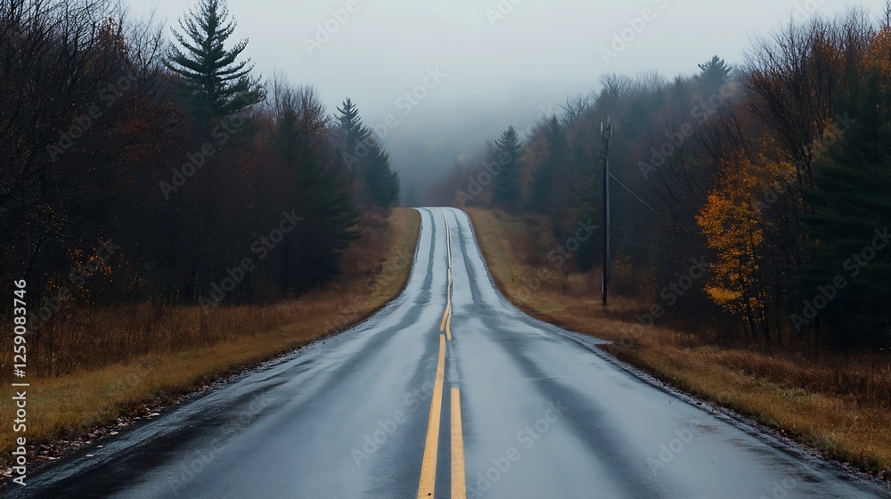 Winding road through a hazy forest landscape on a rainy day evoking a sense of adventure : Generative AI Winding road through a hazy forest landscape on a rainy day evoking a sense of adventure : Generative AI