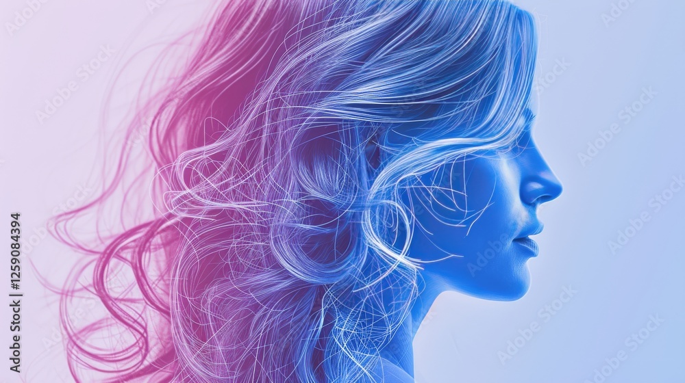 A stunning digital artwork featuring a woman in profile with luminous flowing hair. The neon gradient enhances the dreamlike quality, blending realism with an abstract aesthetic. AI generated. A stunning digital artwork featuring a woman in profile with luminous flowing hair. The neon gradient enhances the dreamlike quality, blending realism with an abstract aesthetic. AI generated.