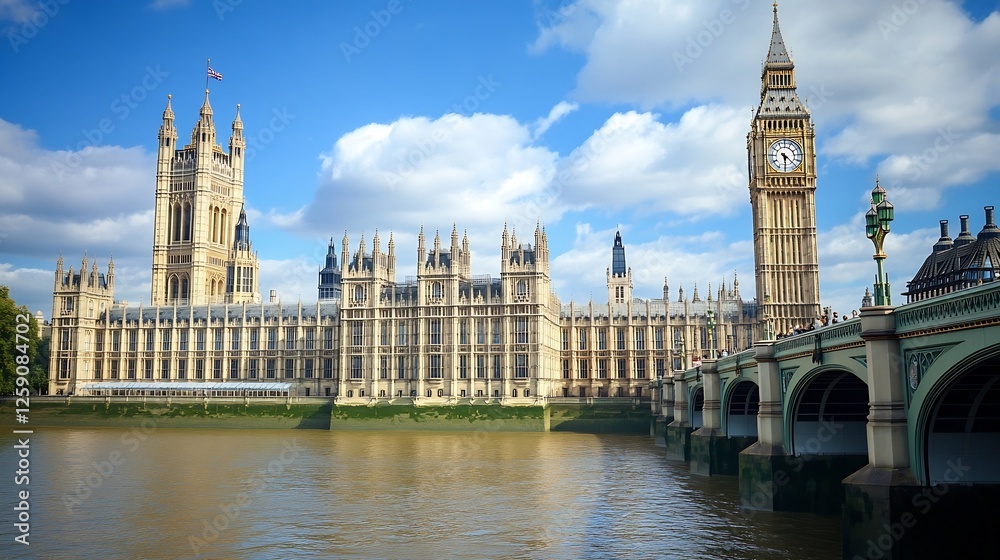 Fototapeta premium Iconic London Parliament Building with the Thames River and Big Ben : Generative AI