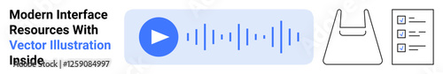 Play button with audio waveform, shopping cart outline, checklist. Ideal for media, e-commerce, planning, task management, digital UI, modern apps flat landing page banner