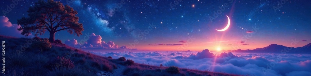 Naklejka premium Celestial landscape with stars and crescent moon, astral, celestial, galaxy