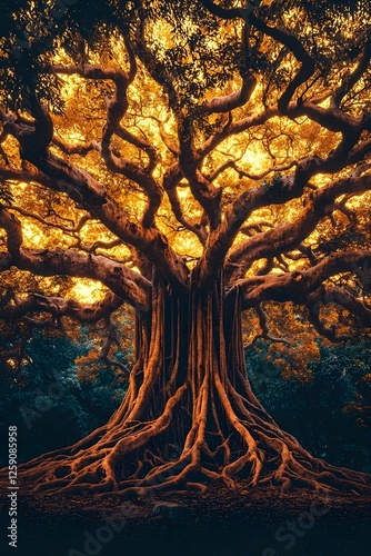 Majestic large tree with sprawling roots and vibrant golden leaves, creating a stunning silhouette against a dark background, evoking a sense of wonder and nature's beauty.
