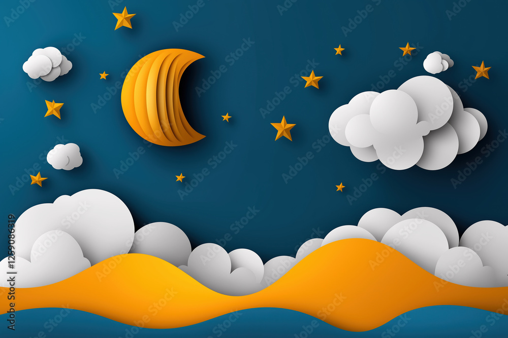 Colorful night sky with clouds, crescent moon, and stars in playful paper-cut design