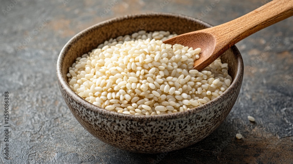 Uncooked arborio rice in a ceramic bowl with a wooden spoon, highlighting texture and quality. Ideal for risotto recipes and gourmet cooking. Uncooked arborio rice in a ceramic bowl with a wooden spoon, highlighting texture and quality. Ideal for risotto recipes and gourmet cooking.