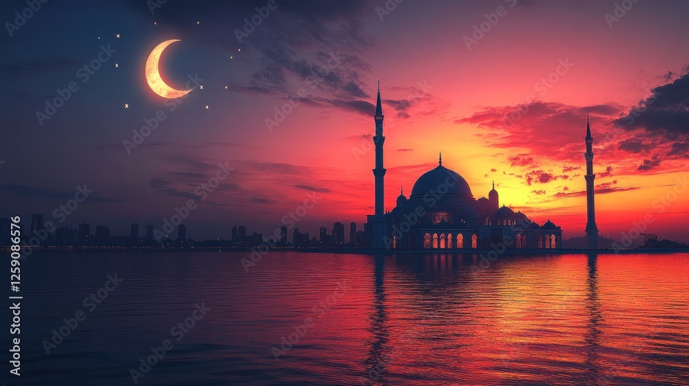 Obraz premium Majestic Mosque Sunset Cityscape Crescent Moon Stars