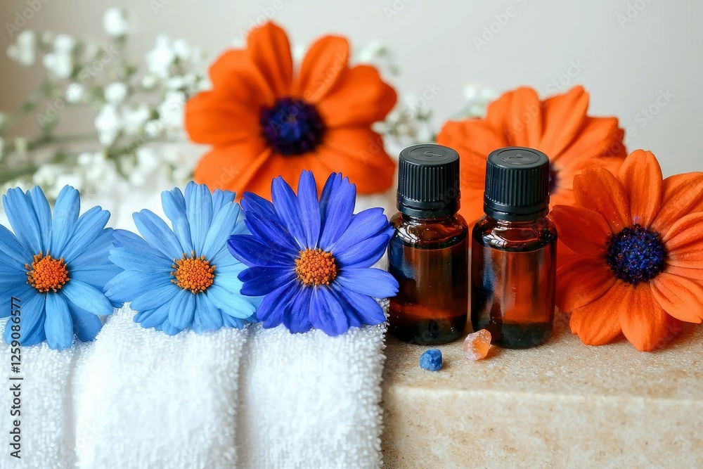 Aromatic Essential Oils with Vibrant Flowers and Soft Towel Aromatic Essential Oils with Vibrant Flowers and Soft Towel