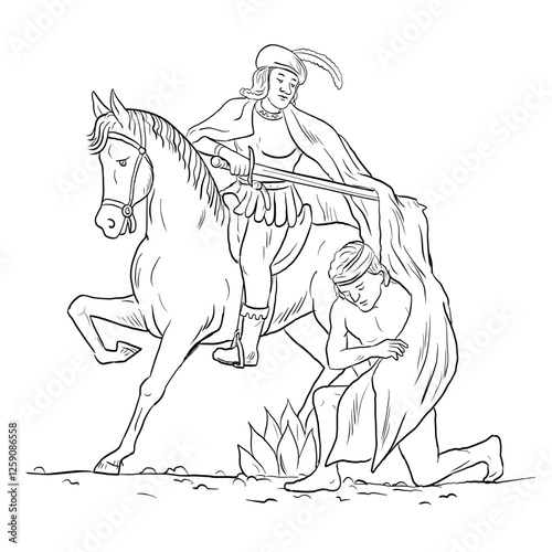 Line art drawing illustration of Saint Martin of Tours riding horse dividing his mantle, cape, cloak robe to a poor, lightly clad man along a Roman road done in medieval style on isolated background.
