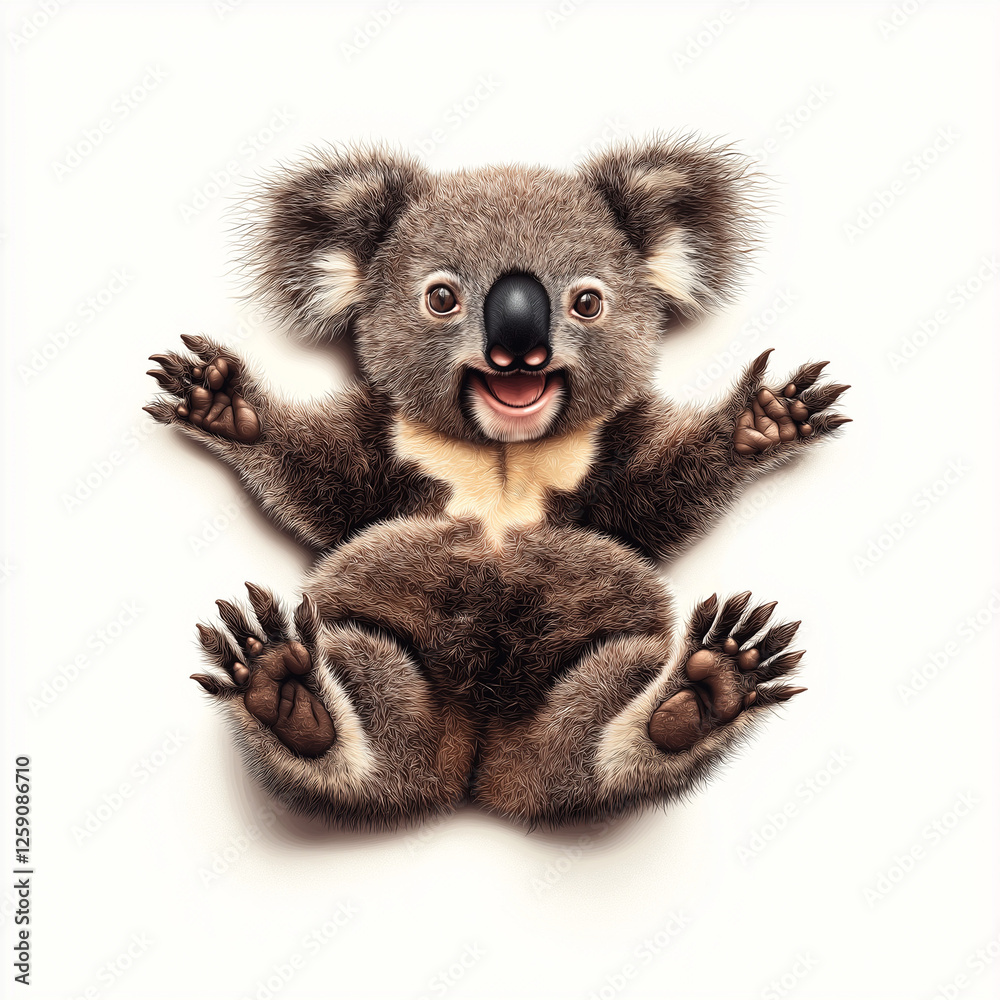 Fototapeta premium Niedlicher Koala zeigt fröhliches Gesicht mit ausgebreiteten Pfoten