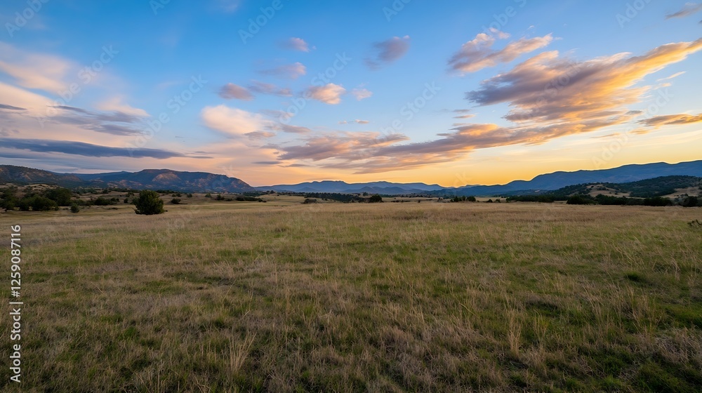 Fototapeta premium Scenic landscape of a wide open field against dramatic sky and mountains : Generative AI