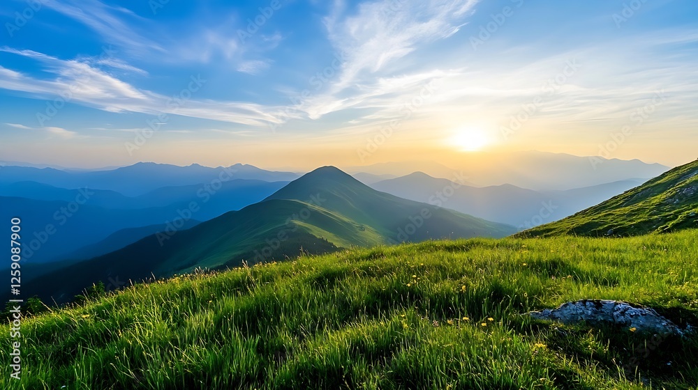 Obraz premium Breathtaking Mountain Landscape at Sunset with Lush Green Grass and Clear Sky : Generative AI