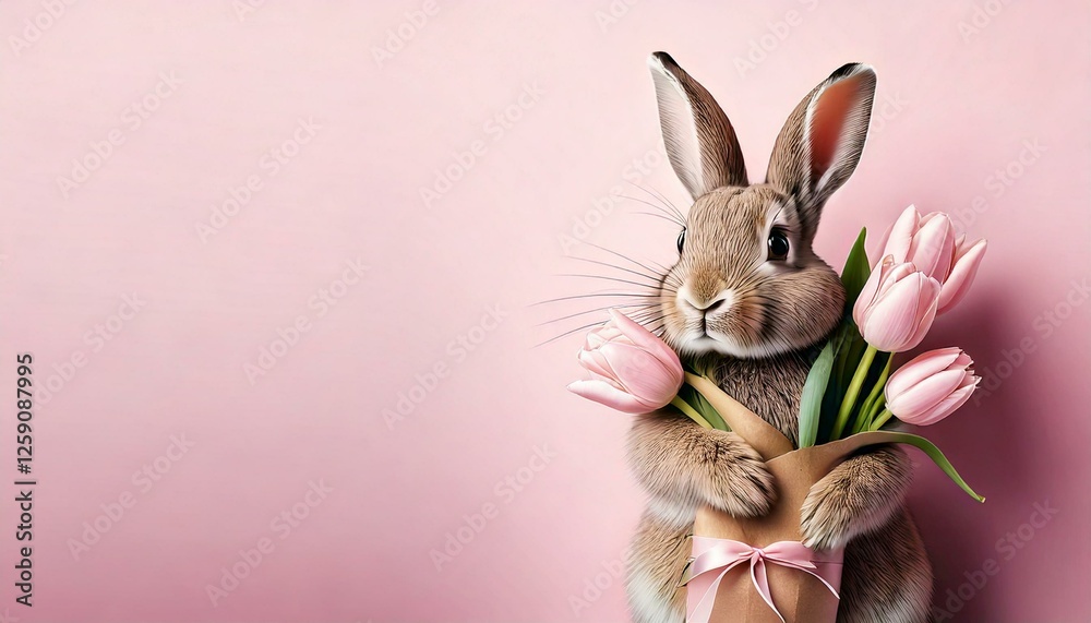 Fototapeta premium Cute bunny holding a bunch of pink tulips against a light pink background