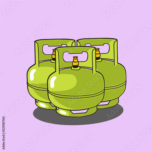 Three Green Propane Gas Cylinder called Elpiji in a Minimalistic Vector Illustration Design