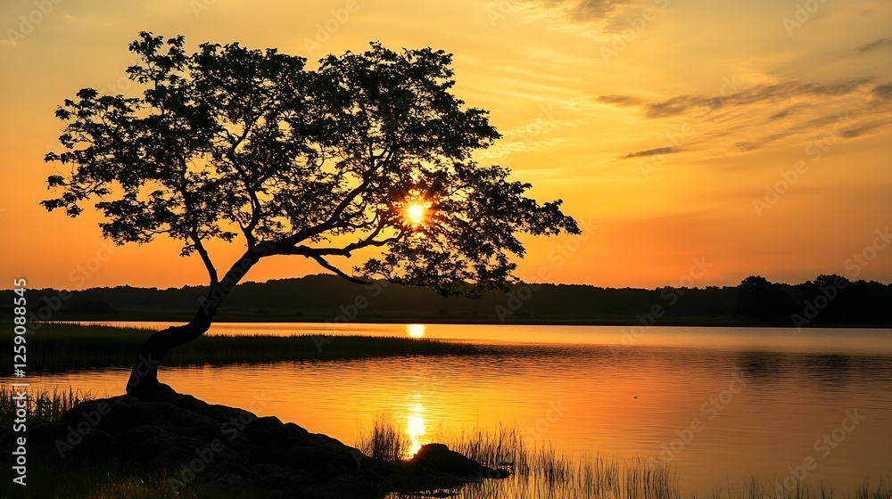 Beautiful sunset illuminating a lone tree by the water creating a stunning evening view with rich colors : Generative AI Beautiful sunset illuminating a lone tree by the water creating a stunning evening view with rich colors : Generative AI