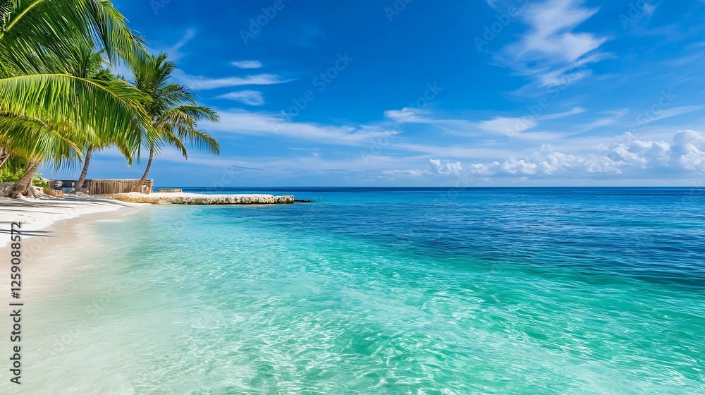 Naklejka premium Tropical Paradise Beach with Crystal Clear Water and Palm Trees Under a Blue Sky : Generative AI