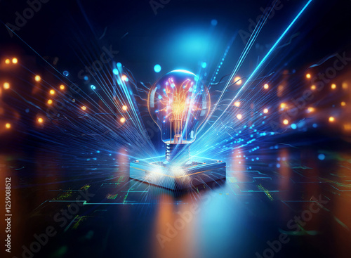 Double exposure image of a glowing lightbulb emitting radiant blue and orange lines, creating an abstract and futuristic technology concept.