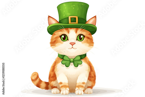 Adorable orange cat wearing a green top hat and bow tie, sitting against a plain white background photo