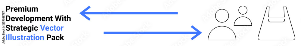 Two blue arrows connecting text block and minimal icons of people and a shopping bag. Ideal for teamwork, collaboration, workflow, design, communication, ecommerce, flat landing page banner Two blue arrows connecting text block and minimal icons of people and a shopping bag. Ideal for teamwork, collaboration, workflow, design, communication, ecommerce, flat landing page banner