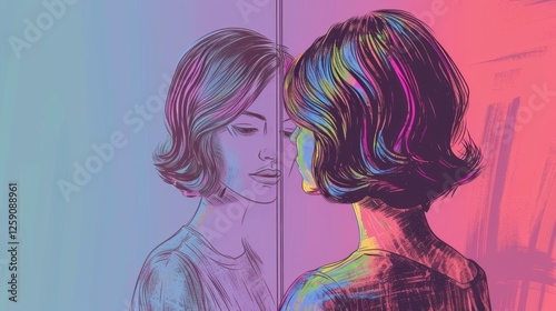 A colorful and expressive digital illustration of a woman gazing at her reflection. The neon-inspired hues create a striking contrast, adding a surreal and introspective feel. AI generated.