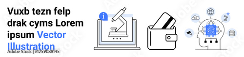 Laptop displaying microscope, wallet with credit cards, and brain with AI links and gears symbolize modern tech advancements. Ideal for science, finance, artificial intelligence, innovation