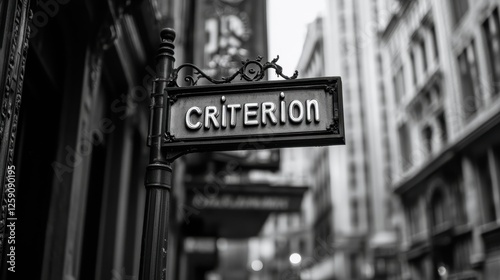 Black and White Photograph of an Ornate Street Sign for Criterion in an Urban Setting with Historical Architecture