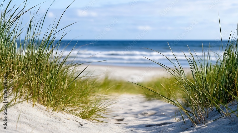 Beach Path with Green Grass Leading to Calm Ocean Waves Under a Clear Blue Sky : Generative AI Beach Path with Green Grass Leading to Calm Ocean Waves Under a Clear Blue Sky : Generative AI