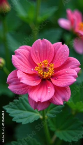 Close-up of a vibrant flower in a lush green garden with dew drops on its petals, flowers, botany, delicate