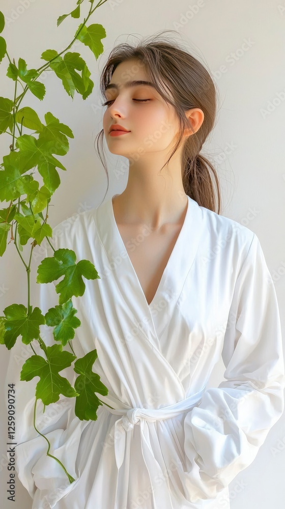Serene Beauty Young Woman in White Dress with Greenery Serene Beauty Young Woman in White Dress with Greenery