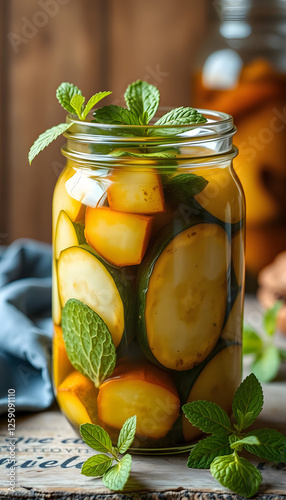 Healthy homemade fermented food. Pickled zucchini with mint preserved canned in glass jar. Home economics, autumn harvest preservation, digital art. with white shades photo