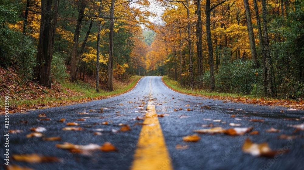 Fototapeta premium A serene autumn road scene with vibrant orange leaves scattered on a wet pathway, flanked by trees showcasing breathtaking fall colors