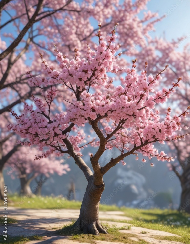 Colorful botanical illustration of blooming cherry blossom tree in spring , nature, spring, art Colorful botanical illustration of blooming cherry blossom tree in spring , nature, spring, art