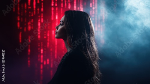 Silhouette of young caucasian female amidst red and blue smoke with digital background