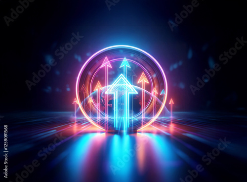 Wallpaper Mural Glowing neon arrows point upwards with a double exposure effect, radiating vibrant pink and blue light against a dark backdrop, creating a futuristic and dynamic scene. Torontodigital.ca