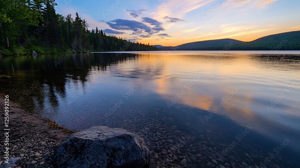 Calm and serene lake reflecting the colorful sky and mountains at sunset creating a tranquil atmosphere : Generative AI Calm and serene lake reflecting the colorful sky and mountains at sunset creating a tranquil atmosphere : Generative AI