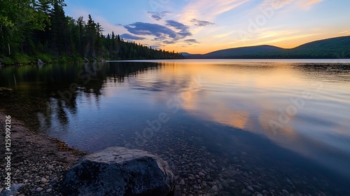 Calm and serene lake reflecting the colorful sky and mountains at sunset creating a tranquil atmosphere : Generative AI
