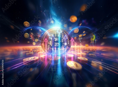 Wallpaper Mural A double exposure image featuring a glowing central sphere with upward arrows, surrounded by floating coins and cosmic energy streams in a vibrant and dynamic composition. Torontodigital.ca