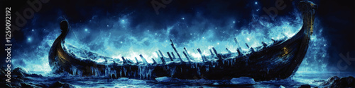 Mystical Frozen Viking Ship in Cold Winter Night with Glowing Nebula Sky and Serene Ocean Landscape - Perfect Fantasy Vector Art for Enchanting Decor and Inspiration