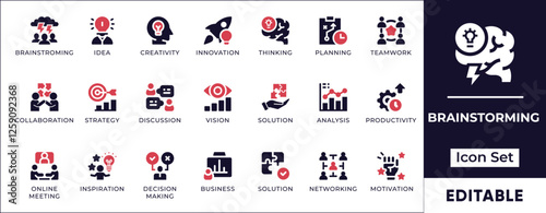 Brainstorming icon set featuring creative thinking, idea generation, teamwork, innovation, mind mapping, and strategic planning. Perfect for business and corporate projects.