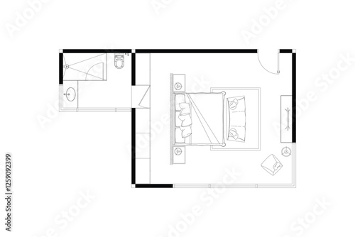 2 dimension of layout furniture of bedroom with bathroom interior design plan of top view, black lines on white background, isolated. Set 31