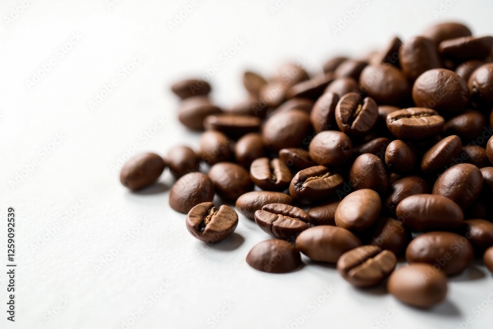 Close-up of whole coffee beans on a clean white surface, beans, whole, food Close-up of whole coffee beans on a clean white surface, beans, whole, food