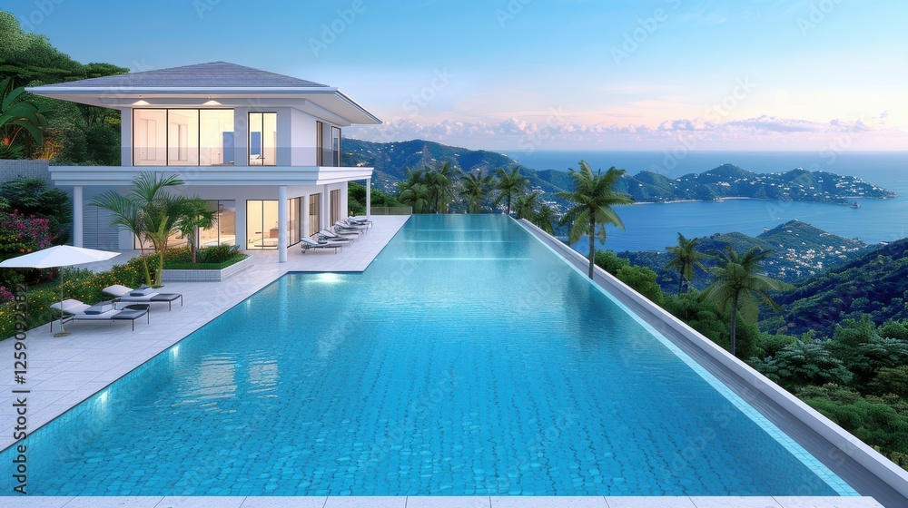 Fototapeta premium Luxurious Seaside Villa with Infinity Pool Overlooking Stunning Coastal Mountain and Ocean Views at Sunrise or Sunset, Surrounded by Tropical Palm Trees