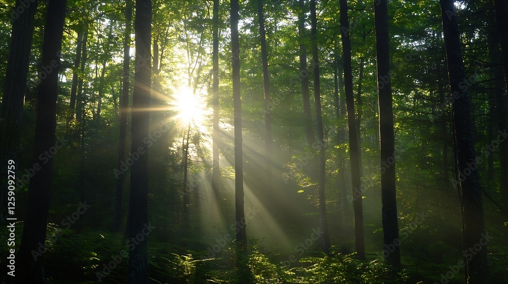 Obraz premium Majestic Sunlight Breaking Through Lush Green Forest Trees Creating a Dreamy Atmosphere : Generative AI