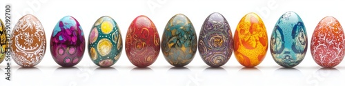 Colorful decorated Easter eggs in a row against white background
